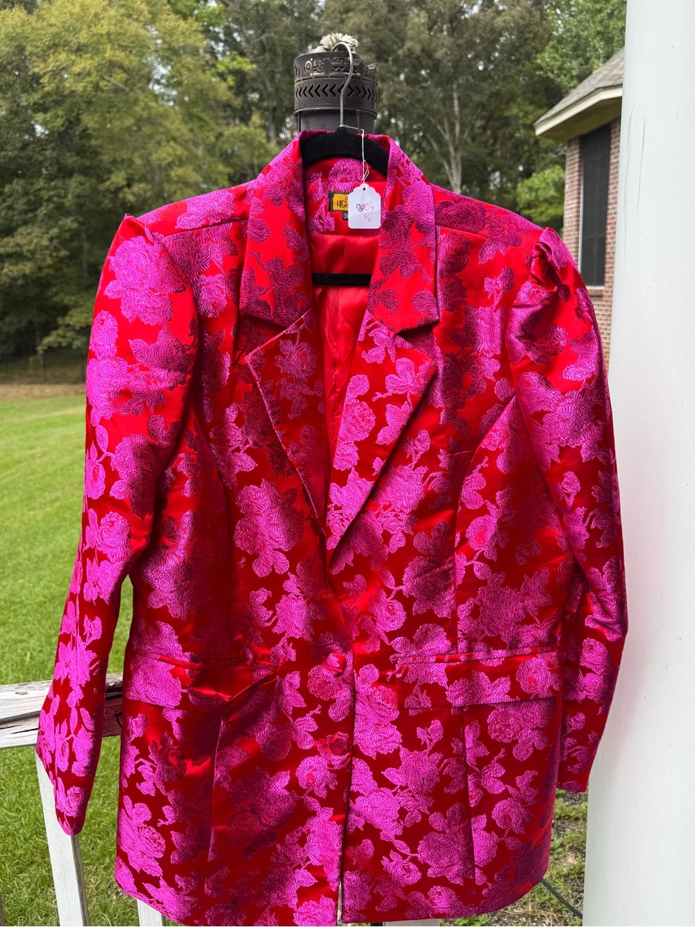 Red & Hot Pink Floral Jacquard Blazer - women Statement Jacket